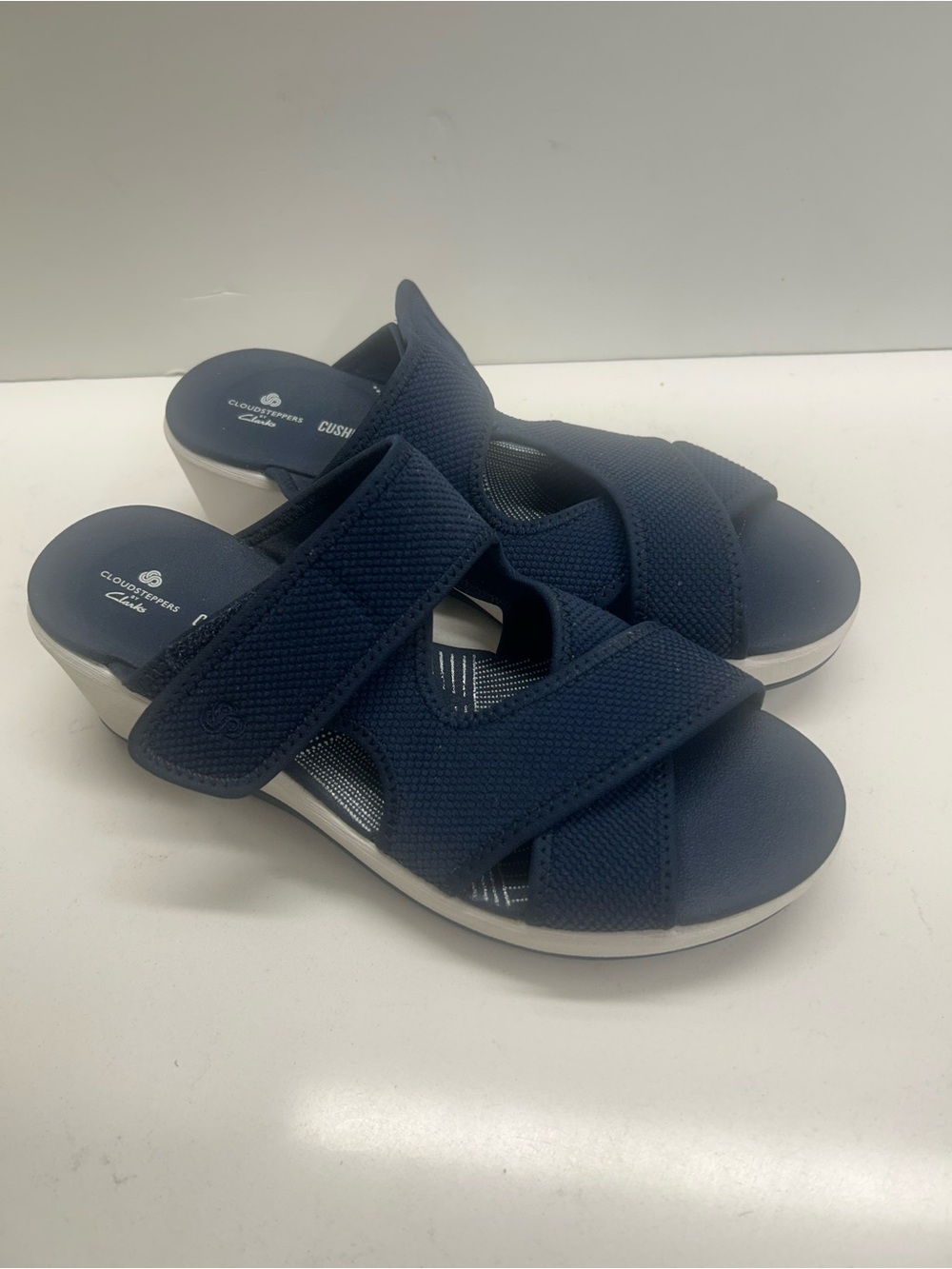 Clarks Navy Blue Adjustable Cloud Stepper Slide Mules Size 9
